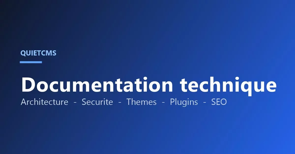 Documentation technique de QuietCMS — architecture, sécurité, thèmes, plugins et SEO